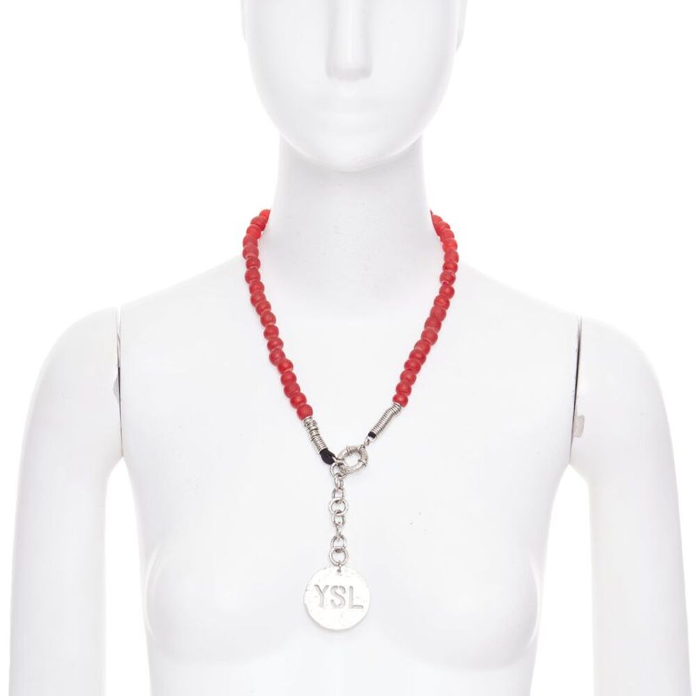 rare  YVES SAINT LAURENT 1980s Vintage red glass bead logo medallion necklace
